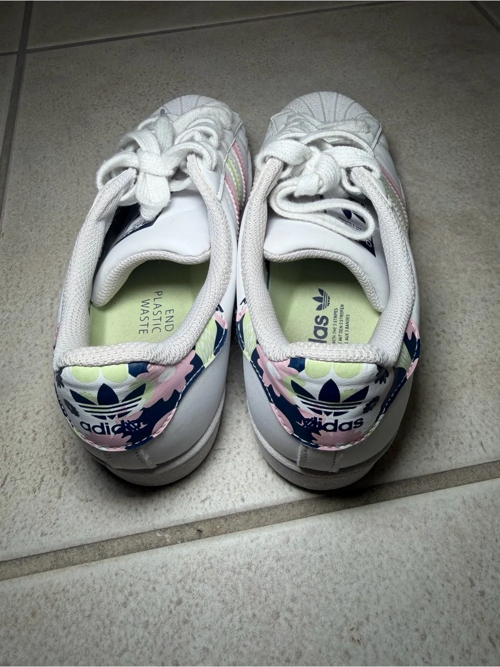 adidas superstar “White Floral” Sneakers with Pink and Light Green Stripes